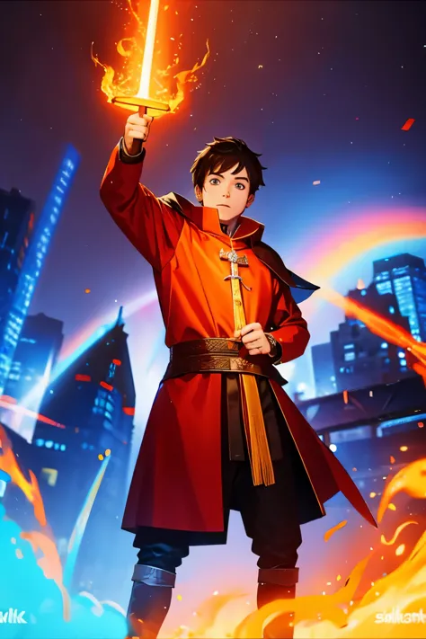 a young red knight with a flaming magic sword on a background of a medieval city 