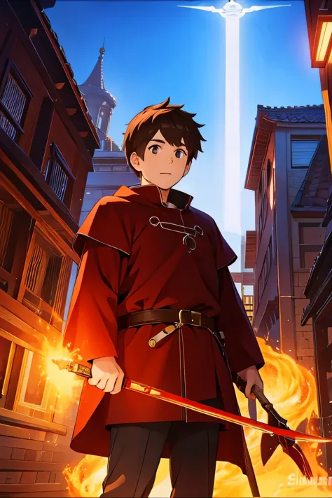 a young red knight with a flaming magic sword on a background of a medieval city