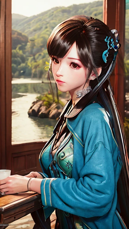 masterpiece, best quality, official art, 8k wallpaper, highly detailed, illustration, 1 girl, Azure hair, long hair, detailed eyes, forrest, bare shoulders, hanfu,lakes, pure, soft smile,bamboo,Tea