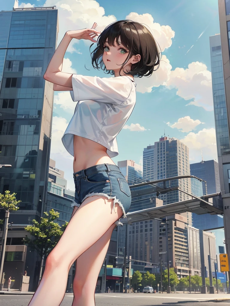 1girl, short black hair, GREEN eyes, wearing plain white shirt, denim shorts, city, absurdres, high res, ultrasharp, 8K, masterpiece, looking at viewer, dancing bachata, and write name with clouds SARAH