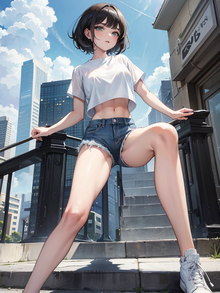 1girl, short black hair, GREEN eyes, wearing plain white shirt, denim shorts, city, absurdres, high res, ultrasharp, 8K, masterpiece, looking at viewer, dancing bachata, and write name with clouds SARAH