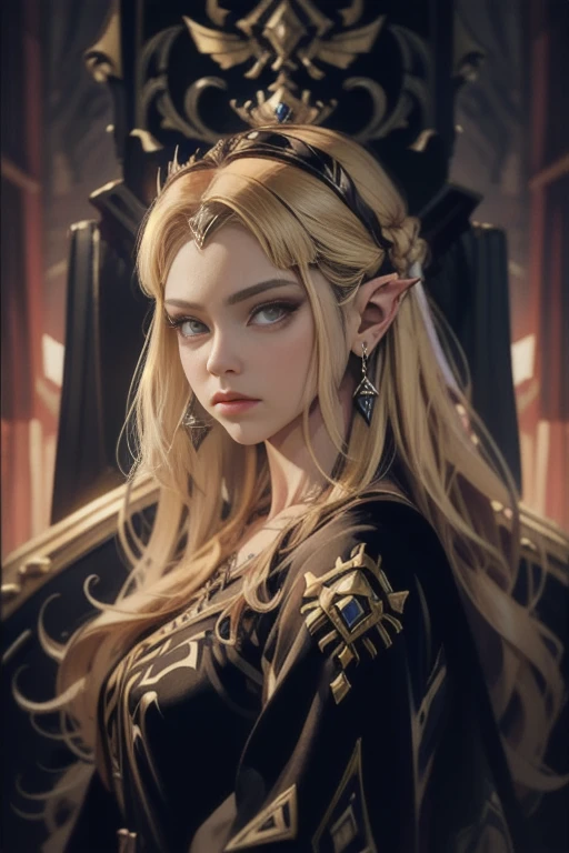 Extremely realistic shading, extremely detailed, photorealistic, lore accurate, Princess Zelda, in the throne,