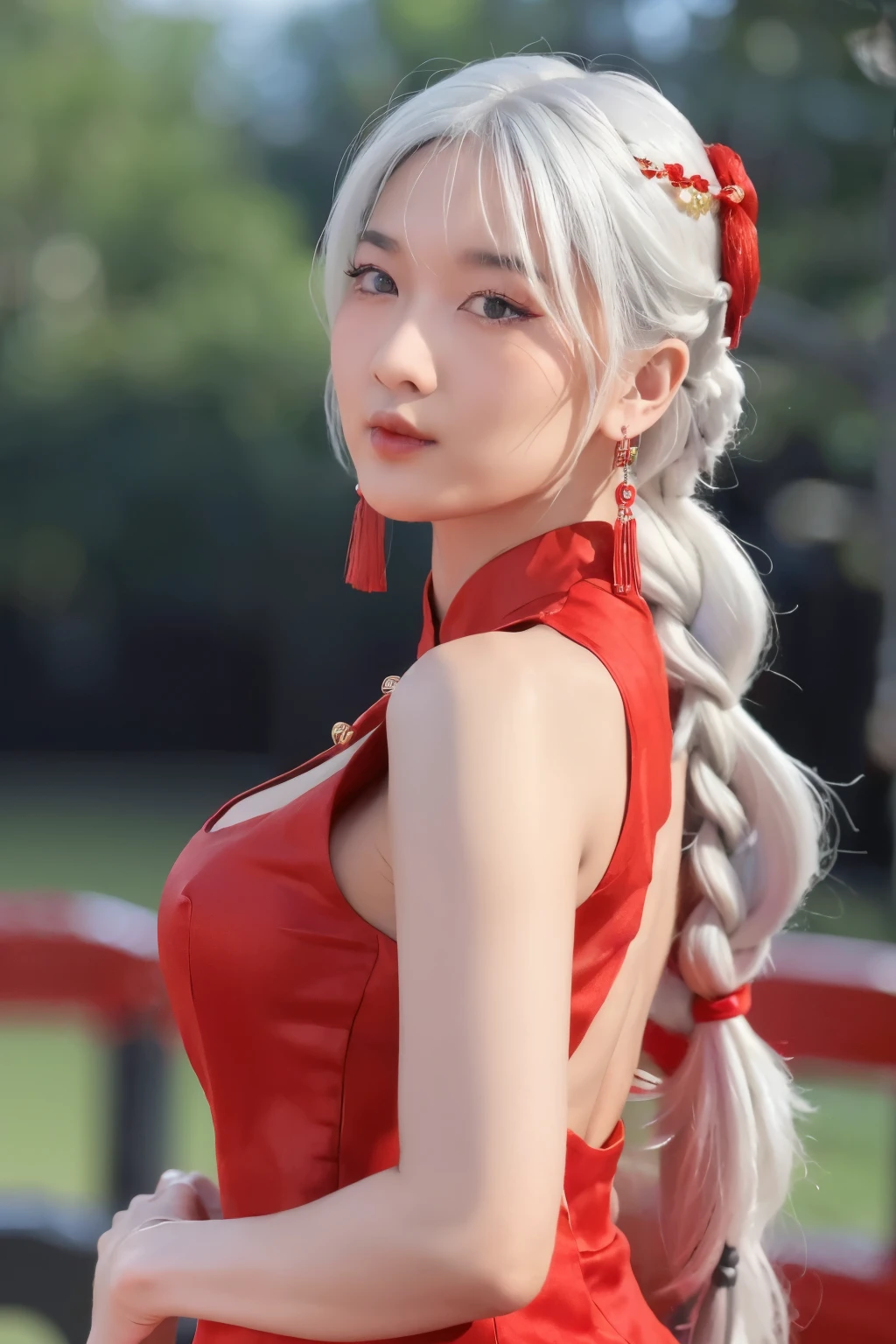 vibrant colors, female, masterpiece, sharp focus, best quality, depth of field, cinematic lighting, white hair, red eyes, braid, dress, long hair, red eyes, tattoo, earrings, jewelry, black dress, hair ornament, bangs, chinese clothes, breasts, china dress, sleeveless, 