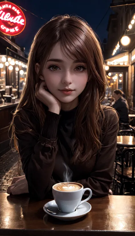 coffee, 1 girl, cafe, realistic,  night, pov, drinking coffee