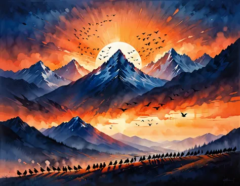 a captivating scene of a large flock of crows, silhouetted against the warm, orange hues of the setting sun. they are flying in ...