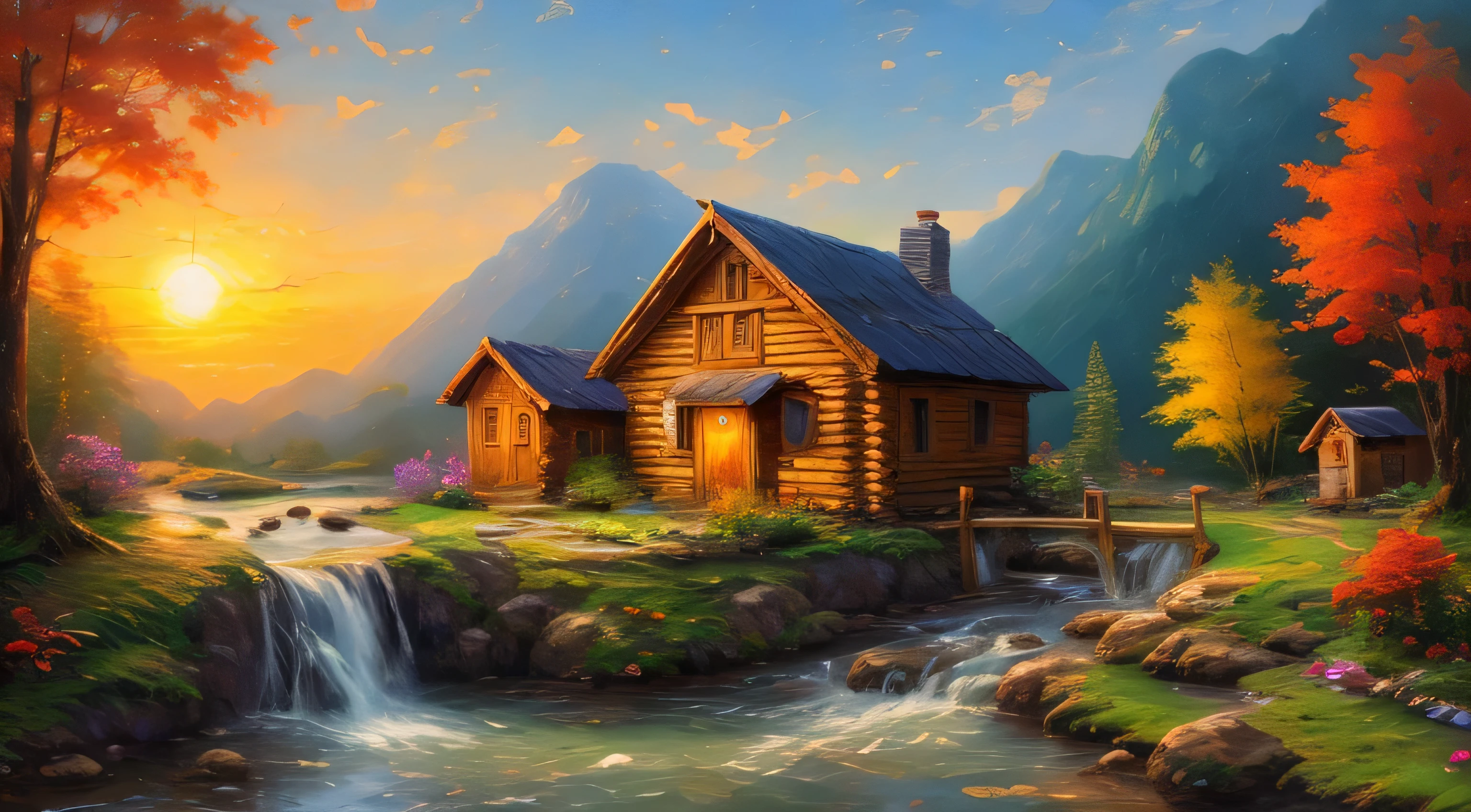 Picture of a hut with a waterfall in a mountain stream, Children playing around the hut,  4K Oil Painting, Beautiful oil matte painting, Oil painting 4K, Oil painting 4K, Cabin in the forest, beautiful oil painting on canvas, beautiful digital paintings, smooth oil painting, beautiful art ultra hd 4k, Detailed oil paintings in 8K high resolution, Oil Painting Digital Painting, Inspired by Thomas Kinkade.sunrise、