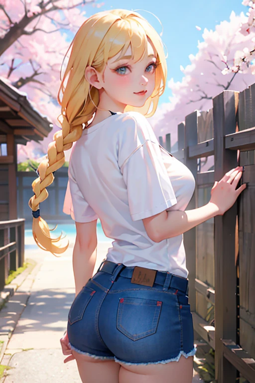 buttocks emphasis、Close-up looking up from below、smile、realistic、face reality、Super high chroma、8k、(((Two s)))、blonde braid hair、T-Shirt Fashion、cherry blossoms、Beautiful cherry blossoms、cherry blossomsの花びらが落ちる、denim shorts、Slightly larger breasts that emphasize cleavage、Various sexy poses、natural scenery