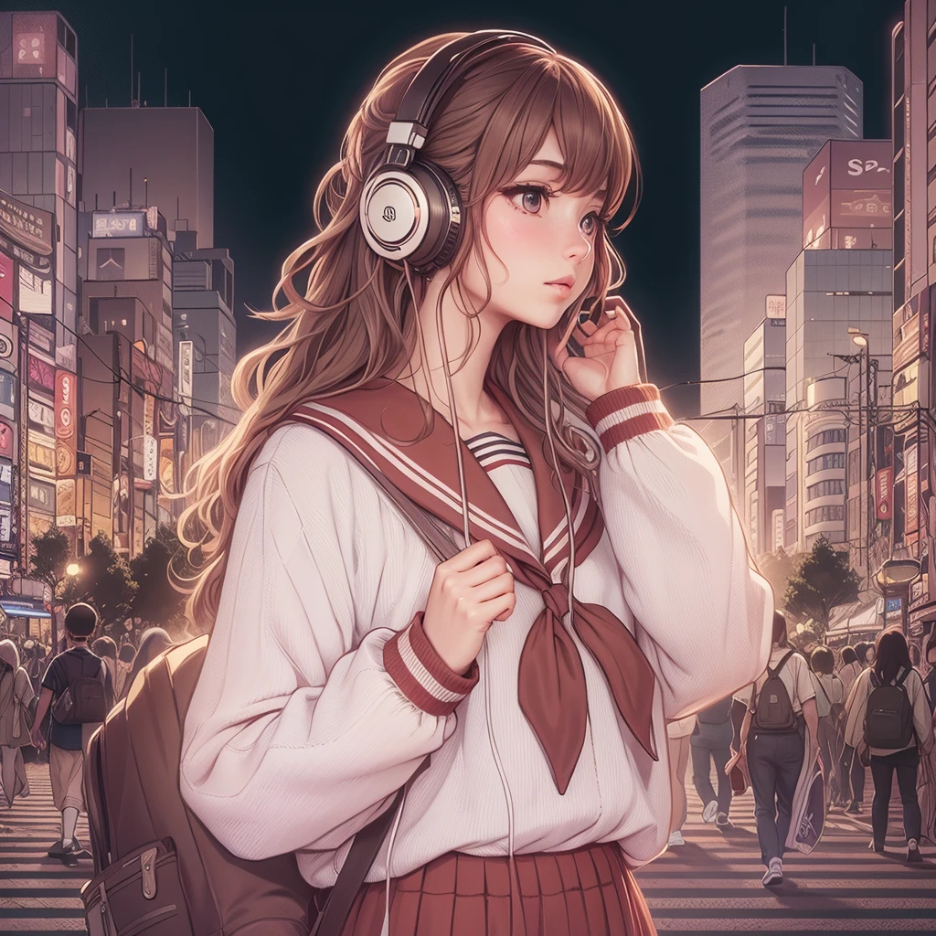 pop da cidade、frio、os anos 90,japonês、high school garota、meias soltas、Distrito de Shibuya、andando、fones de ouvido、uniforme universitário、nostalgia、cor sépia、garota、(sozinho:1.2)、ouvindo música、todo o corpo、paisagem、Alto、saia legini longa