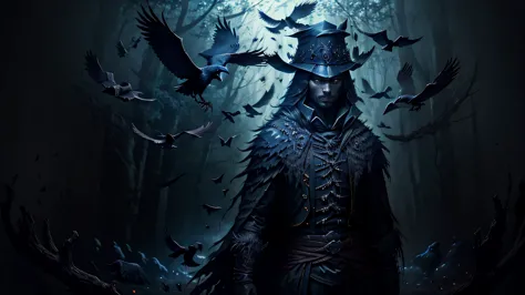 a raven master (in black feather costume) in a dark forest, ravens with detailed feathers, piercing eyes, a mysterious atmospher...