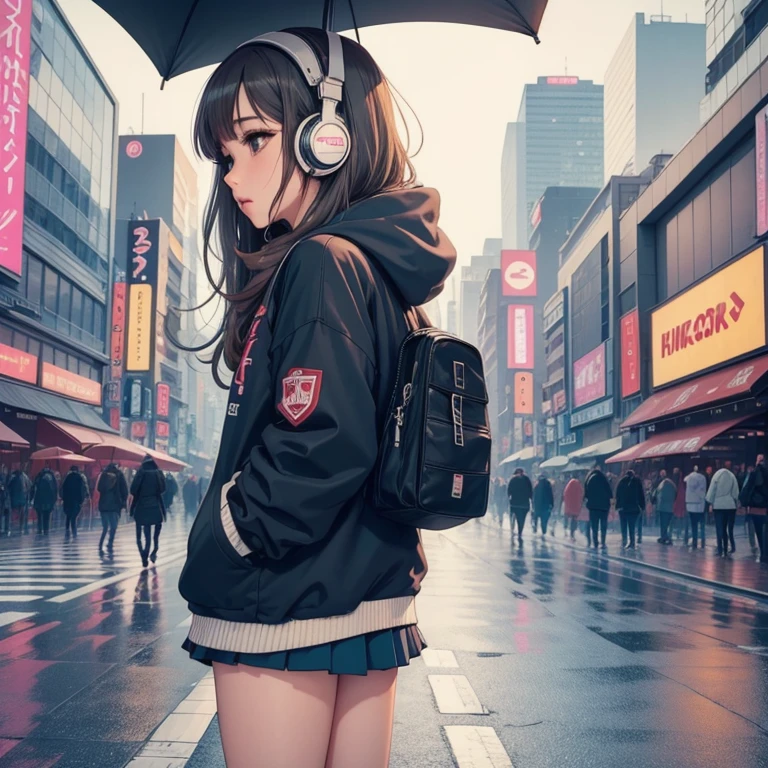 (masterpiece), (highest quality:1.4), (ultra high resolution:1.2),  super detailed background, (unity 8k wallpaper),Shibuya Ward、city pop、(headphones:1.2)、masterpiece, (anime girl alone:1.3), incredibly absurd, hoodie,pedestrian crossing, outdoor, rain, Tokyo, neon light.high school girl、profile、whole body、