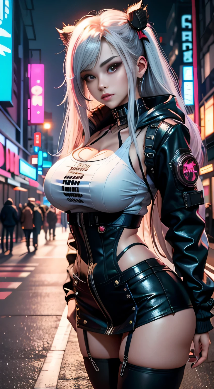 sfw, (RAW-Fotos, beste Qualität, Meisterstück:1.2), (tatsächlich, photo-tatsächlich:1.4),(Meisterstück:1.4),(beste Qualität:1.4), ((cyber punk Girl)), ,kurzes weißes Hemd，Daunenjacke mit offener Kapuze und Pelzbesatz，Red miniskirt，((dynamische Posen)), (((cyberpunk stadt straße hintergrund))), Haaraufnahmen, ((formloses langes Haar)), Betrachter betrachten, ssmile, (((Lücke zwischen den Oberschenkeln))), upper legs, sehr lange Haare, mehrfarbiges Haar, Alice \(Nikke\),(strahlende und leuchtende Haut),tatsächlich., BH tragen,((schmale Taille)), junges asiatisches Mädchen, ((großbrüstig)),