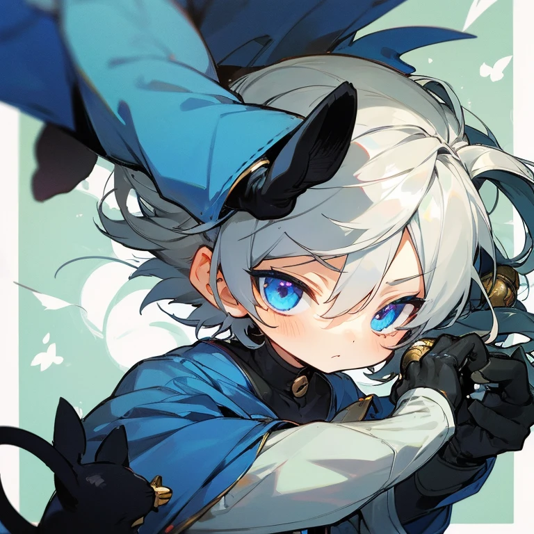 A silver hair，dark blue eyes，A boy in azure clothes，Holding a silver bell in hand，Staring at the somewhat unreal black cat with a look of nostalgia