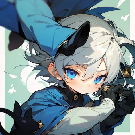 a silver hair，dark blue eyes，a boy in azure clothes，holding a silver bell in hand，staring at the somewhat unreal black cat with ...