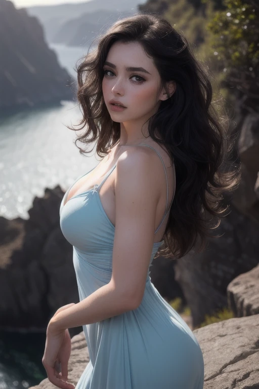 (sharp focus:1.2), photo, attractive young woman, (beautiful face:1.1), detailed eyes, luscious lips, (smokey eye makeup:0.85), (huge breasts:1.0), (fragile body:1.2), (wavy blue hair:1.2), wearing (revealing dress:1.2) on a (cliffside:1.2). (moody lighting:1.2), depth of field, bokeh, 4K, HDR. by (James C. Christensen:1.2|Jeremy Lipking:1.1).