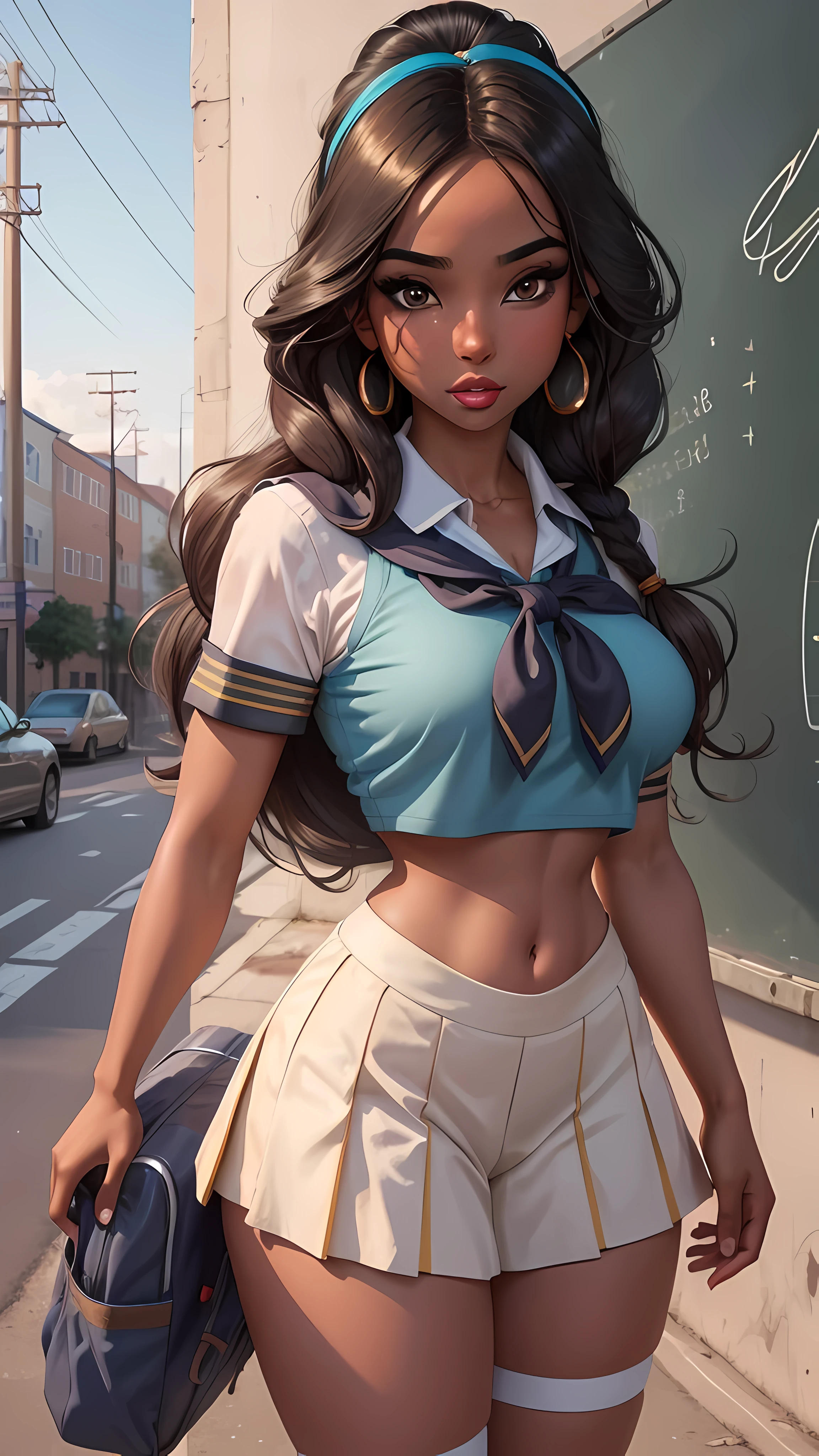 jasmine, 1girl, crop top,school girl uniform, street, power lines,, masterpiece, best quality, highly detailed, large breasts, classroom, blackboard
