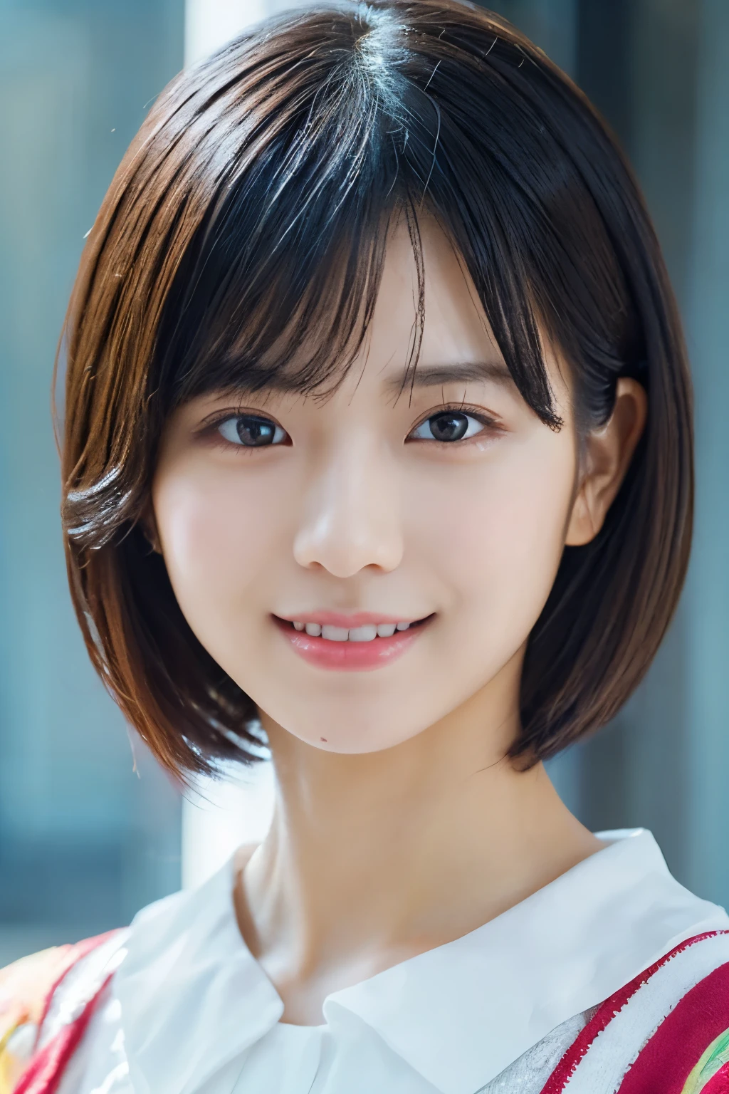 1 girl, (Wearing a white idol costume:1.2), Very beautiful Japanese idol portraits, 
(Raw photo, highest quality), (realistic, Photoreal:1.4), (masterpiece), 
very delicate and beautiful, very detailed, 2k wallpaper, wonderful, finely, very detailed CG Unity 8K 壁紙, Super detailed, High resolution, soft light, 
beautiful detailed girl, very detailed目と顔, beautifully detailed nose, finelyて美しい目, cinematic lighting, 
(Simple background in bright colors:1.3),
(short hair), (parted bangs), 
complete anatomy, slender body, small breasts, smile