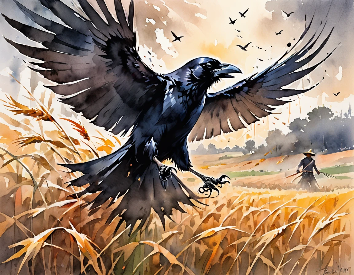 Generate a dynamic pencil drawing depicting the intense battle between a scarecrow and a crow. Capture the tension and energy of the confrontation as the scarecrow, standing tall amidst a field of crops, confronts the cunning crow swooping down from above. Use bold, expressive lines to convey the strength and determination of the scarecrow as it defends the harvest, while also portraying the agile movements of the crow as it dives and evades. Pay attention to the contrast between the static stance of the scarecrow and the fluid motion of the crow, creating a sense of urgency and suspense in the scene. Enhance the drama with subtle details such as the wind rustling through the fields or the piercing gaze of the crow locked in combat. Let the composition tell a story of resilience and perseverance amidst the ever-shifting balance of nature.