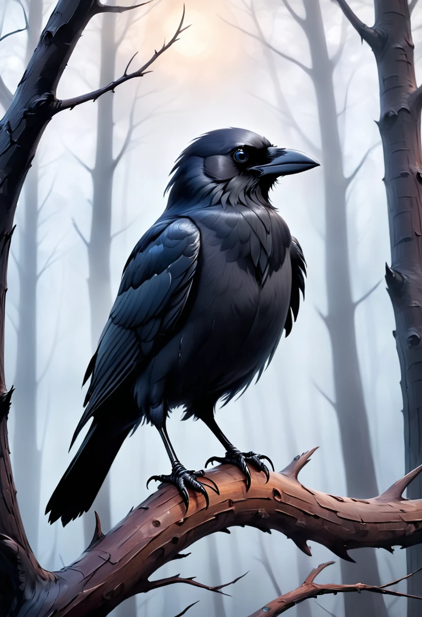 a crow on a bare tree in the misty forest,black feathers,glossy texture,sharp and piercing eyes,feathers ruffling in the wind,ominous presence,(best quality,ultra-detailed,realistic),dark and mysterious,color grading to enhance contrast,soft diffused lighting