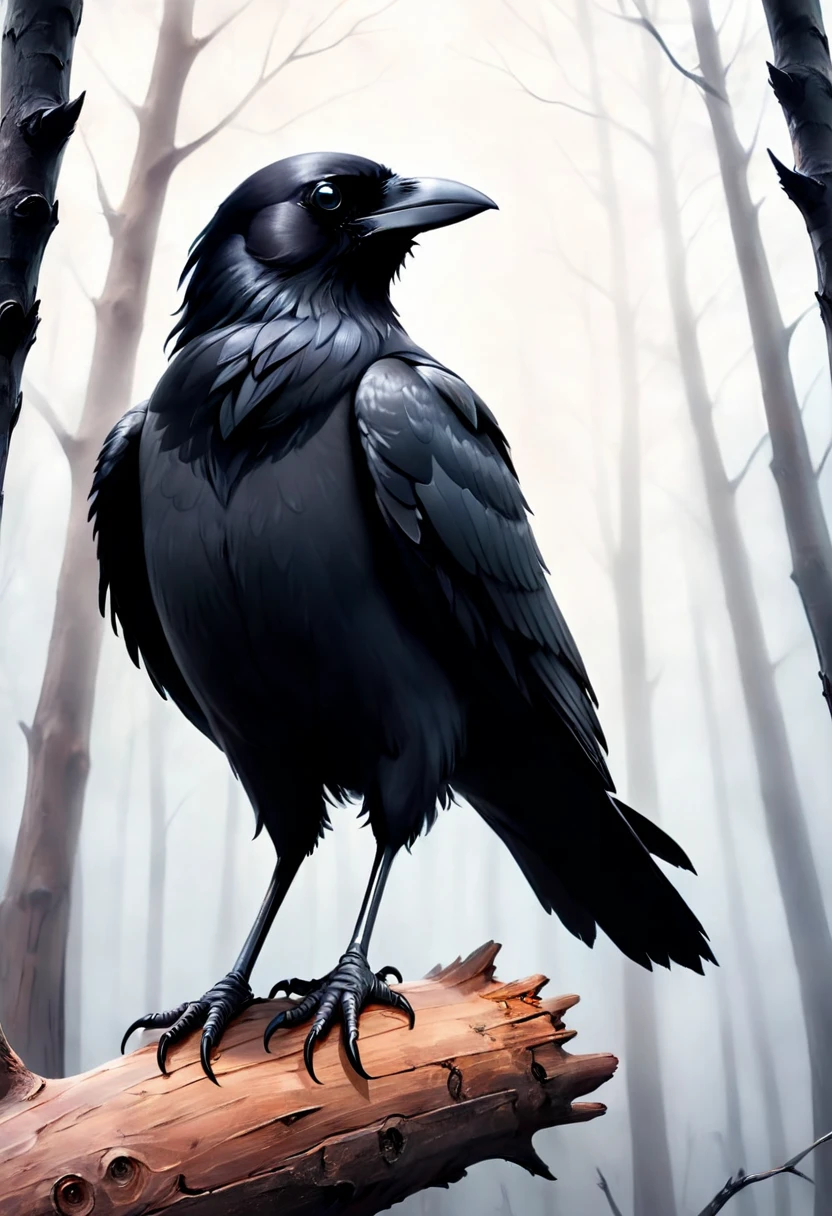 a crow on a bare tree in the misty forest,black feathers,glossy texture,sharp and piercing eyes,feathers ruffling in the wind,ominous presence,(best quality,ultra-detailed,realistic),dark and mysterious,color grading to enhance contrast,soft diffused lighting