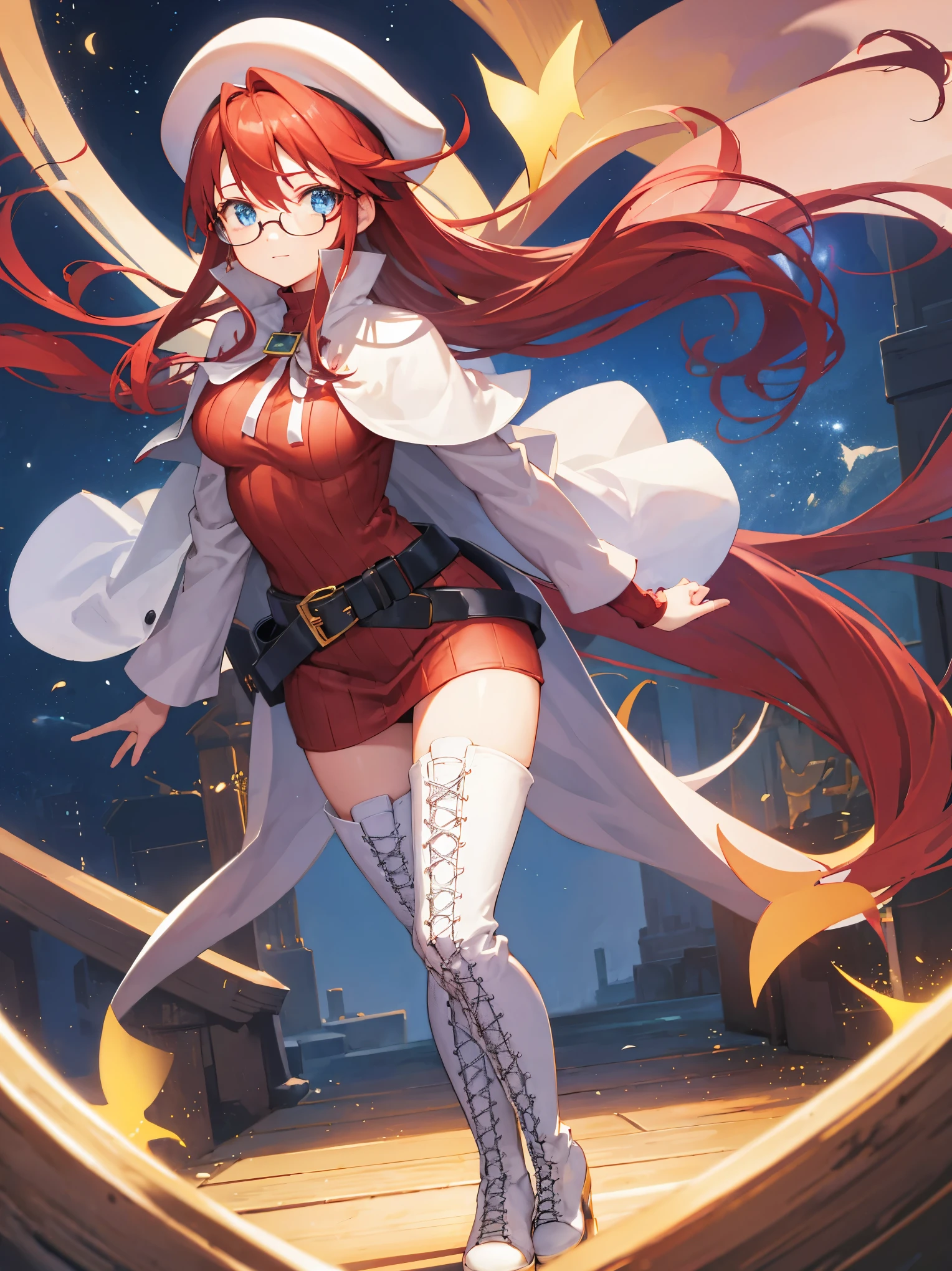 summonnightaty, aty, long hair, blue eyes, red hair, beret, hat, glasses,
BREAK long hair, thighhighs, hat, dress, boots, glasses, belt, cape, sweater, zettai ryouiki, beret, thigh boots, white footwear, ribbed sweater, loose belt,solo,
BREAK outdoors, fantasy,on_a_ship,
BREAK (masterpiece:1.2), best quality, high resolution, unity 8k wallpaper, (illustration:0.8), (beautiful detailed eyes:1.6), extremely detailed face, perfect lighting, extremely detailed CG, (perfect hands, perfect anatomy),covered_nipples,covered_navel,light_smile ,(half_eyes:1.4),sword,armpit,sleepy,dynamic_standing,barrel,red_sweater,apart_legs,magical_effect,pulmp,big_tits,