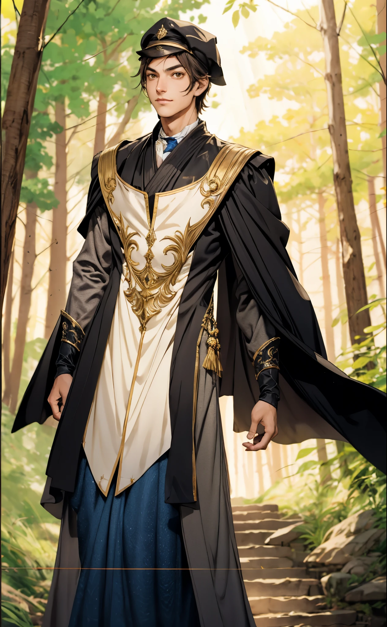 A young man wearing a scholar's square cap, clear and bright eyes, a dignified and refined face, a friendly smile, short hair is peeking out the cap, tall and slender figure, a fantasy-style scholar's long robe coat with a long hem, wide sleeves, loose trousers, bathed in sunlight amidst the gentle breeze of the woods, this character embodies a finely crafted fantasy martial arts-style scholar in anime style, exquisite and mature manga art style, high definition, best quality, highres, ultra-detailed, ultra-fine painting, extremely delicate, professional, perfect body proportions, golden ratio, anatomically correct, symmetrical face, extremely detailed eyes and face, high quality eyes, creativity, RAW photo, UHD, 32k, Natural light, cinematic lighting, masterpiece-anatomy-perfect, masterpiece:1.5