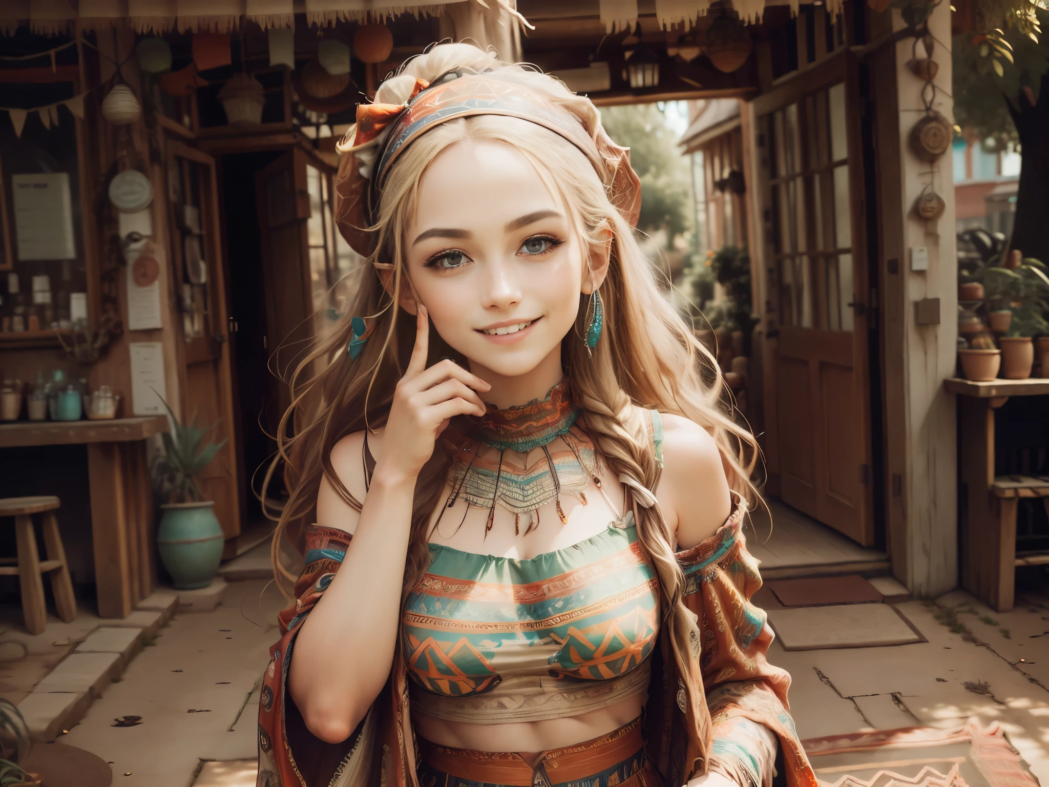 Full Shot, Full Body: 1.4, Unreal Engine: 1.4, Ultra Realistic, Photorealistic CG K: 1.4, Skin Texture: 1.4, Masterpiece: 1.4, ((Beautiful woman in hippie style hat, hippie clothes, happy, beautiful smile and perfect, subtle, making funny gestures: 1.5)), bohemian Hippie truck: 1.7, long hair, hippie clothes of various colors, 32k.