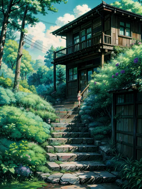 a painting of stairs leading up to the way, flowers, hanging flowers, roses, makoto shinkai. high detail, overgrowth. by makoto ...
