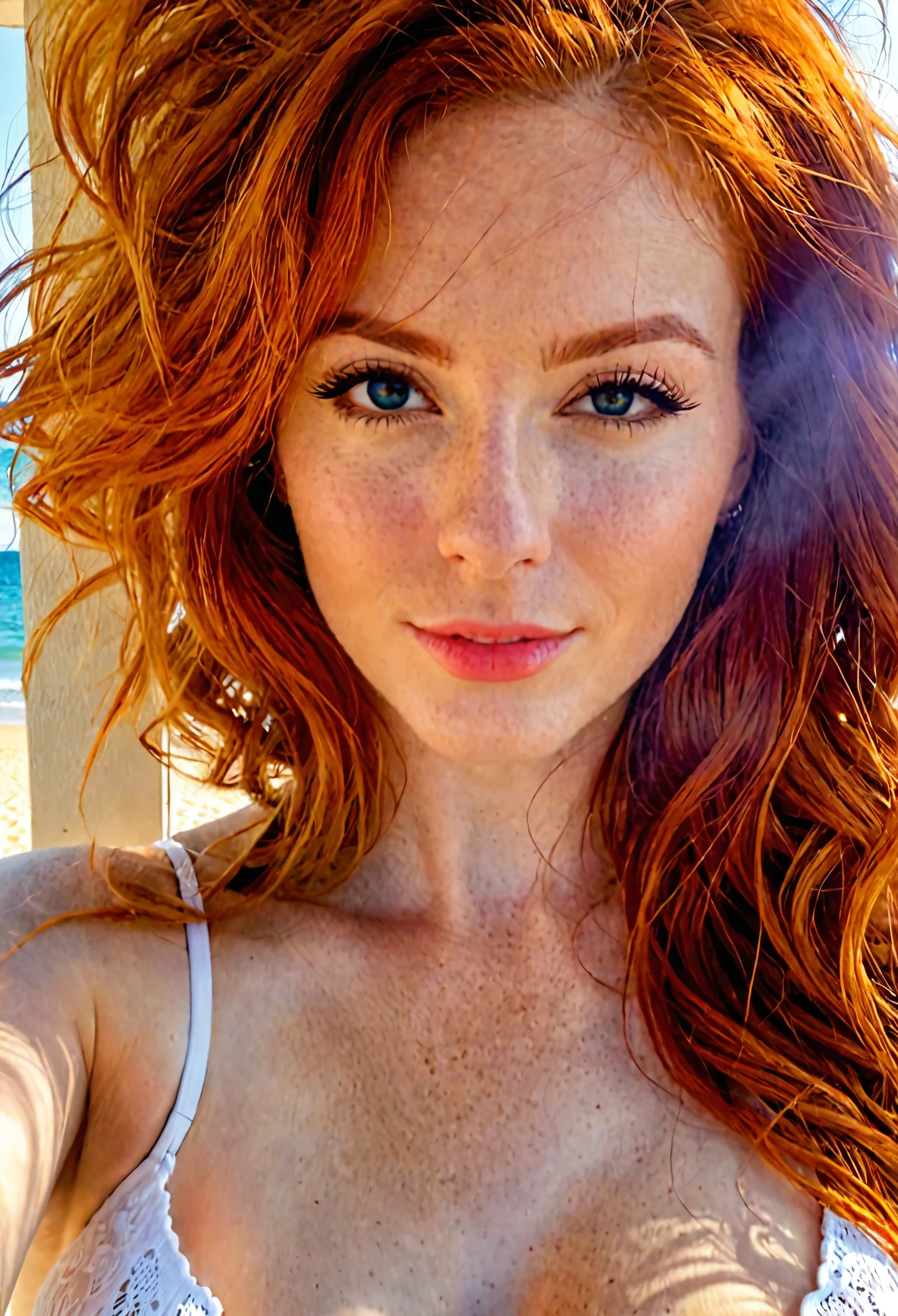 Redhead haired woman with freckled hair and a white bra - SeaArt AI