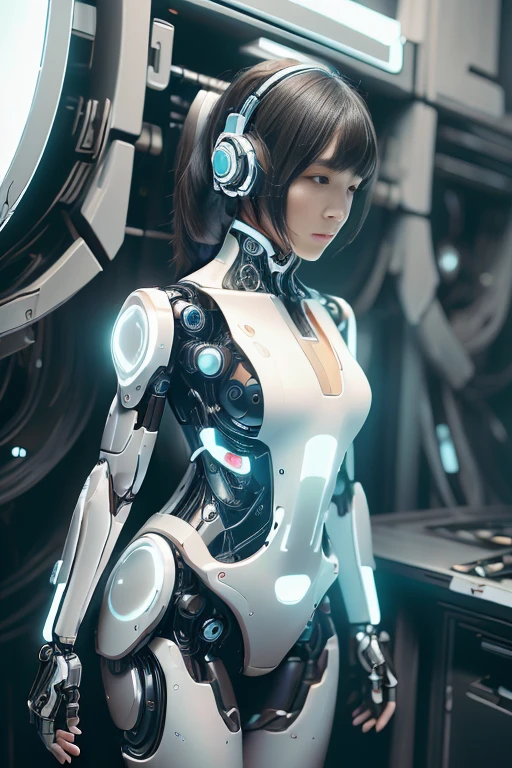 (realistic:1.4), (Raw photo),table top, highest quality, very detailed, (realistic:1.4), (8K, 4k, highest quality, High resolution, 超High resolution:1.1), 8K portrait,1 girl, Japanese アンdroid gid,Plump , announcer,Control panel,アンdroid,droid,view audience,mechanical hand, ,robot arms and legs, black hair,Machine body,dull bangs,white robot parts,perfect robot woman,charging spot,long tube,A thick cable was connected to his neck...,ceramic body ,Machine body, mechanical ear covers,アンdroid,robot humanoid,a little chubby,panties,full eyes,perfect machine body,white robot body,laboratory of the future,アンdroid factory,mechanical ear covers,white and light blue uniform,aqua accent costume,