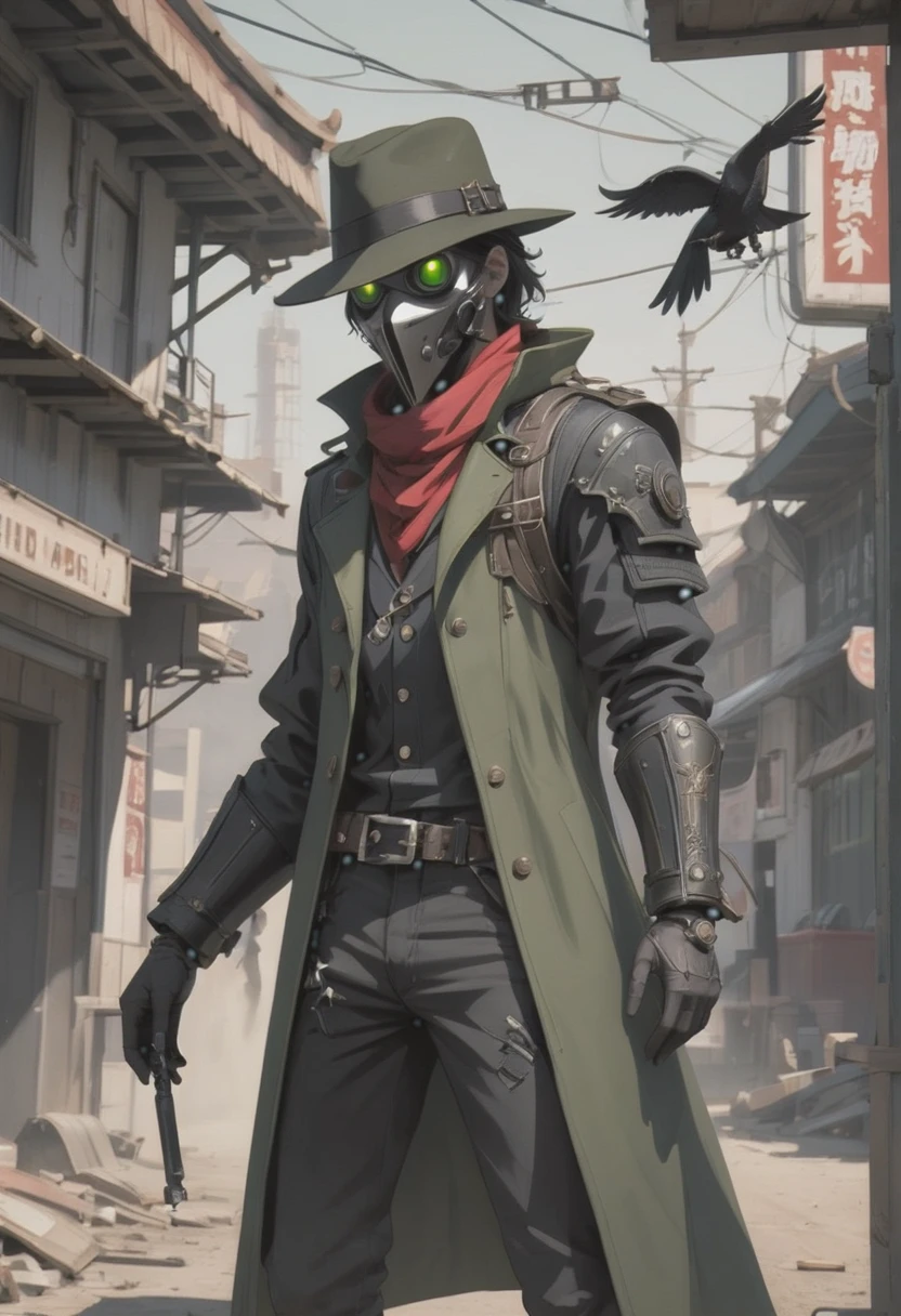 Post apocalyptic, Gunslinger, junkworld, fantasy, hidden face, cowboy hat, masked, cyberpunk mask, Male, tactical vest, cyberpunk post apocalyptic, olive green coat, black pants, black bulletproof vest, red scarf, duster coat, olive green duster coat, cowboy hat, cowboy, Male gunslinger with a cowboy hat, vaquero, sombrero de vaquero, mascara blanca, mascara de doctor de plaga, plague doctor mask, mascara de gas de doctor de plaga, faceless, hidden face, crow mask, Scp-049 mask, plague white mask