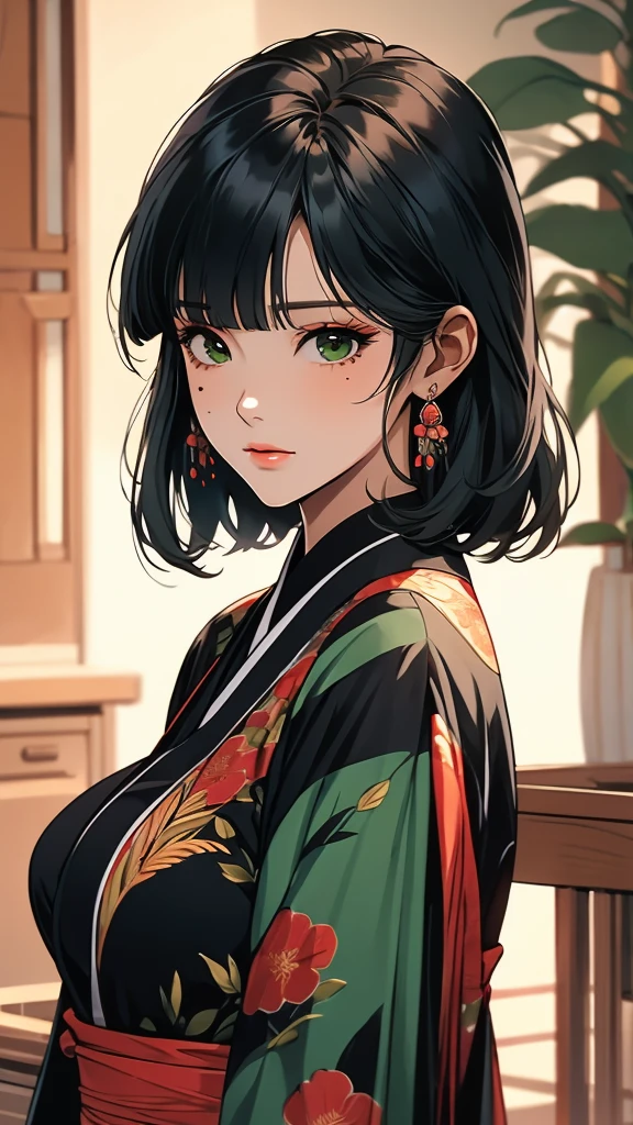 ((1girl)), mature woman, tamaki, green eyes, small eyes, black hair, (blunt bangs:1.2), mole under right eye, big breasts, kimono