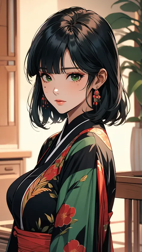 ((1girl)), mature woman, tamaki, green eyes, small eyes, black hair, (blunt bangs:1.2), mole under right eye, big breasts, kimon...