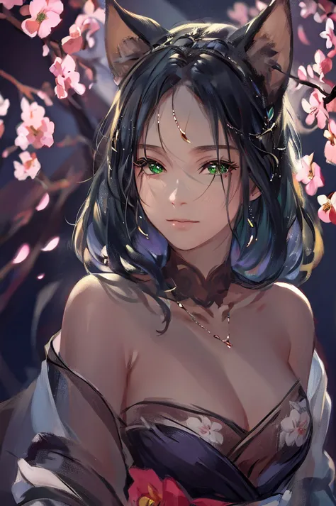 anime girl with cat ears and green dress with flowers, beautiful anime girl, beautiful anime portrait, beautiful anime woman, st...