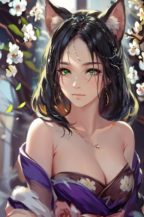 anime girl with cat ears and green dress with flowers, beautiful anime girl, beautiful anime portrait, beautiful anime woman, st...