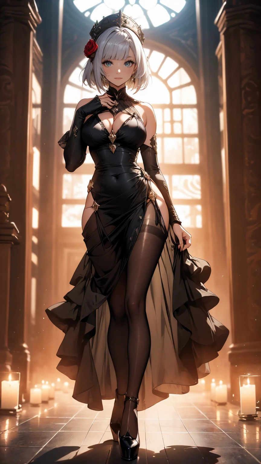 ((masterpiece, high resolution, best quality, best details, anime)), jewelry, beautiful sexy woman in a black sexy evening dress, ((sexy evening dress)), ((black pantyhose)), light green eyes, silver hair, short hair, smooth skin, cleavage, ((extremely slutty)), ((full body)), platform high heels, (pumps), noelle gi,noelledef, curvy body, (medieval setting, medieval europe, medieval castle), smile, shoulders exposed, breakdomain, anime