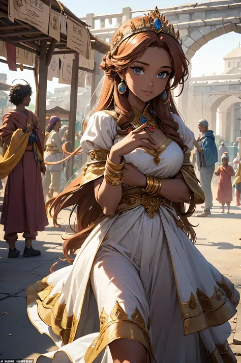 depict princess adanna interacting with her subjects in a bustling marketplace. she should have a warm and friendly demeanor as ...