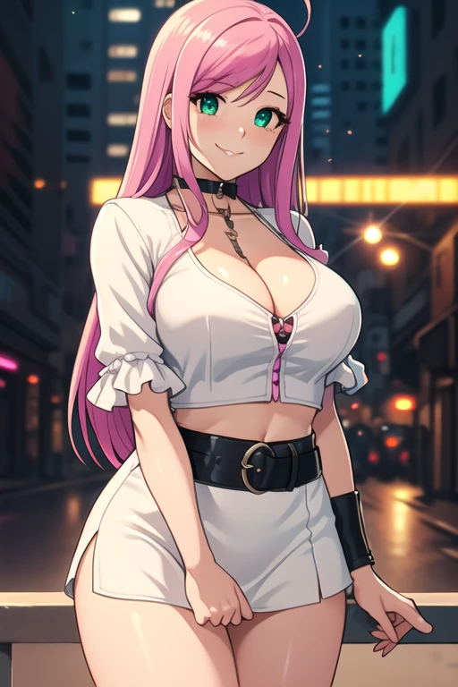 1 girl, 19 years old, Long pink hair, green eyes with slit pupils, master-piece, best quality, (standing up), (white buttoned crop blouse), (puff sleeve white crop blouse, black pencil mini skirt, cleavage),  (Big , ultra gigantic , Super super big, Glamorous body), Make eye contact with the camera, front figure, looking forward, (light_Smile:1.5), (Detailed hands and fingers:1.2) (Cyberpunk City), (FULL BODYSHOT), thighs thighs thighs thighs、beauty legs、Bare legs