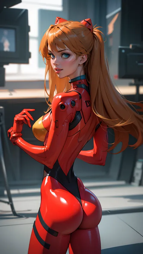 Asuka langley evangelion, a stunning young woman, beautiful, cute, full lips, image from behind girl, looking back to viewer, be...