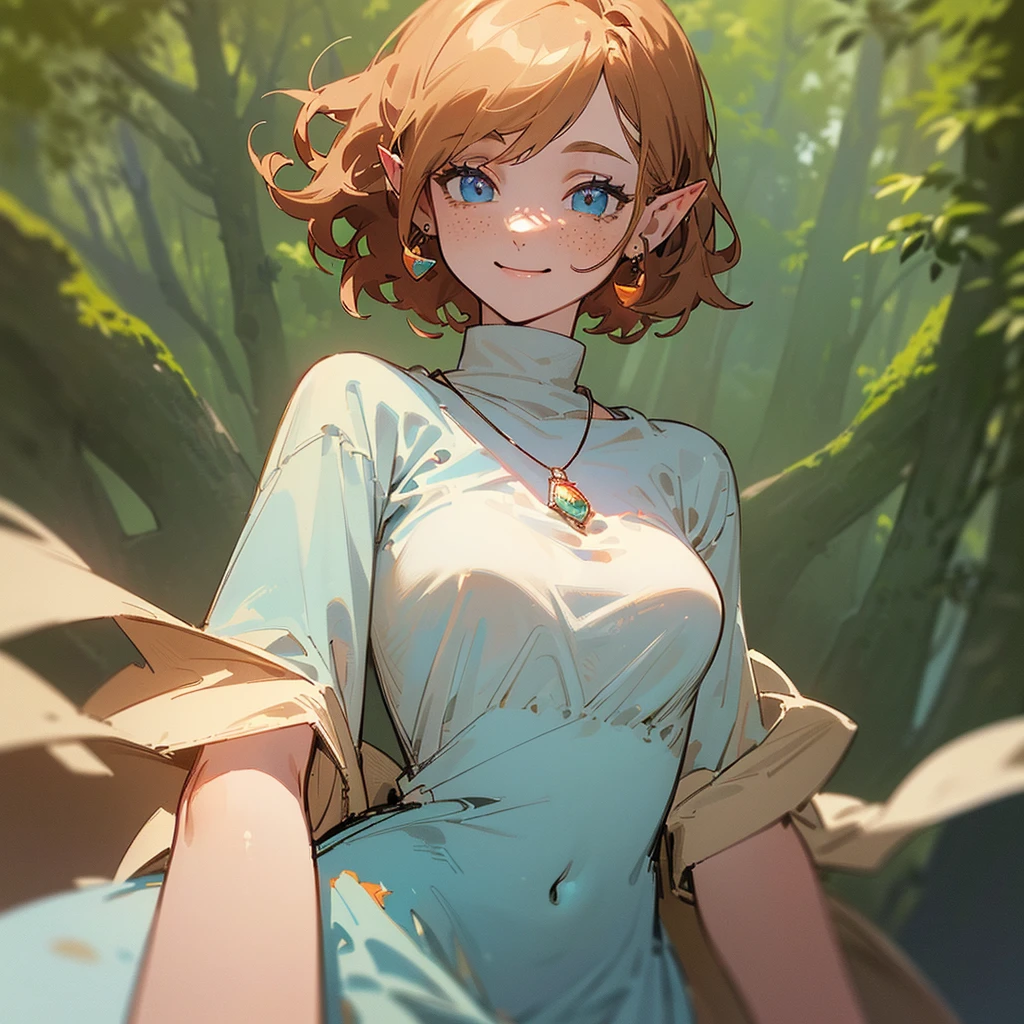 ((Masterpiece: 1.5, best quality, high resolution: 1.3, super resolution, super detailed, ultra detailed: 1.3, rich background: 1.2, Perfect Anatomy:1.5, 1 woman) tanned skin + strawberry blonde hair + Short Curly Hair + light blue eyes + female figure + freckles on her nose + elf ears (medieval dress, scarf going down her elbows, collarless dress, necklace with a gem) ((open eyes, smile, background of a forest, friendly environment)) ( (colors for clothing: brown, light blue, white, cream)