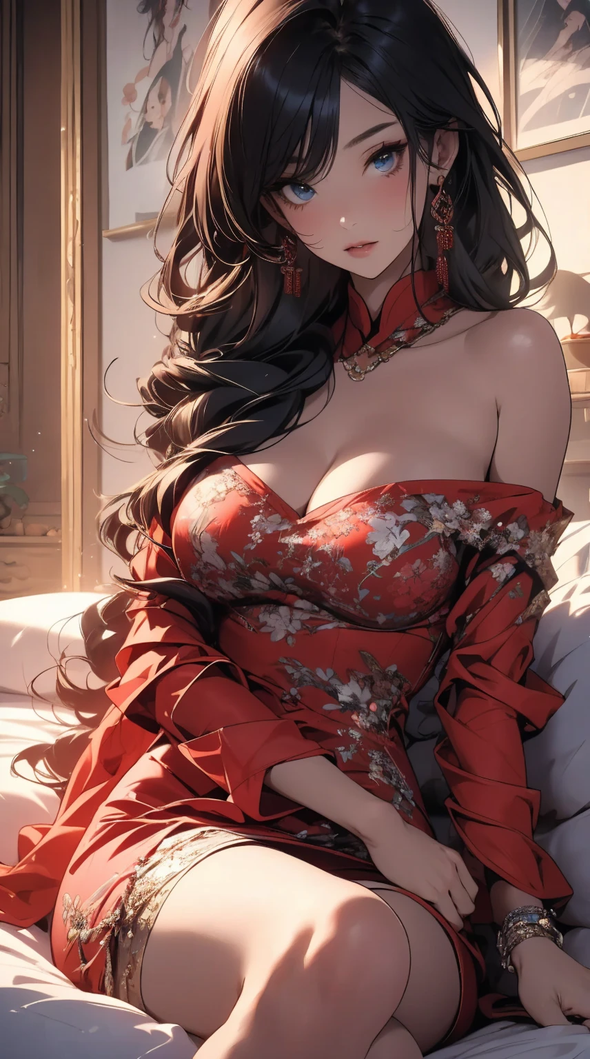 masterpiece,8k,high quality,full body:1.7,clean blue eyes,open red mouth,red tiek,Very calm and gentle expression,many sparking picture,,silky white wet skin,open mouth,biggest large brest,tight west,very sparking pink clothes,a woman in a pink sparking chinese dress sitting on a bed,Sheer off-the-shoulder peach lace chinese princess tulle dress,an anime drawing, by Yang J, fantasy art,red bra, render of a cute 3d anime chinese girl, artgerm and william bouguereau,long wavy shyny black pink hair,nightcore, beautiful detailed body and face, beautiful avatar pictures, high quality detailed anime,chinese sexy lady,wide angle landscape view:1.6,chinese gorgeous bedroom,