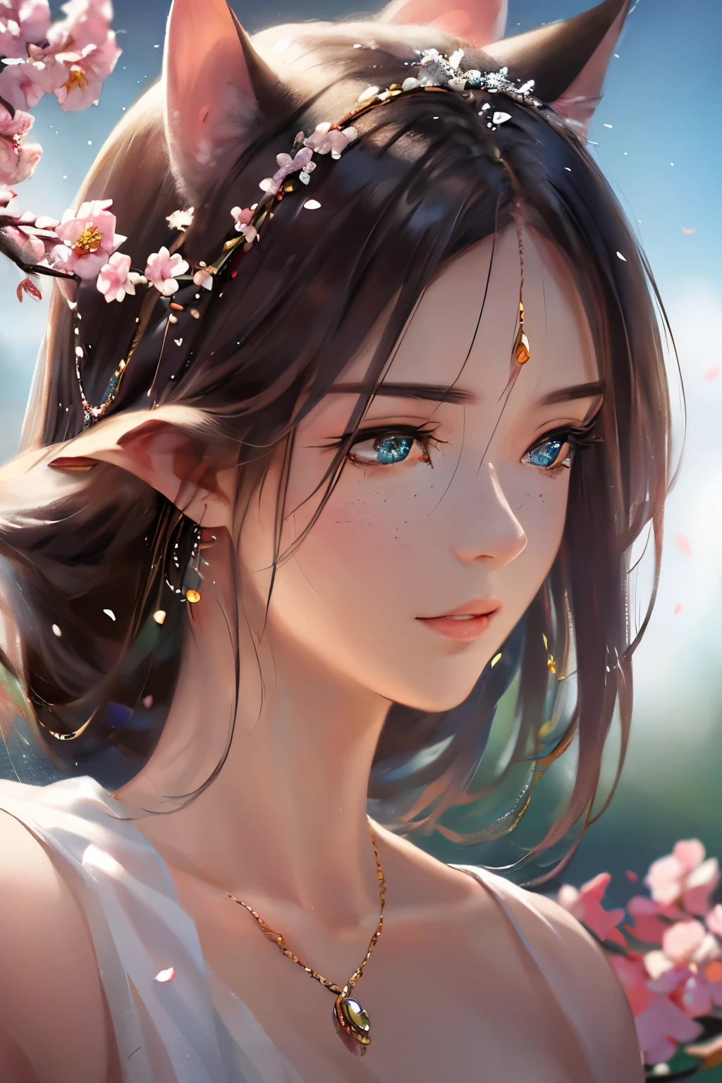 very good illustration, High detail, dynamic angle, beautiful detailing,2D, (Best quality, masterpiece, Beauty, tenderness), anime, Highly detailed face, very detailed eyes, very detailed background, perfect lighting, whole body, 1 girl, One, (Very detailed cat ears), (Very detailed ears behind the hair)? sakura, Sakura Branches \(sakura flowers\), Pink dress, green eyes, Finely detailed eyes, ears covered with hair, cherry tree, cherry petals