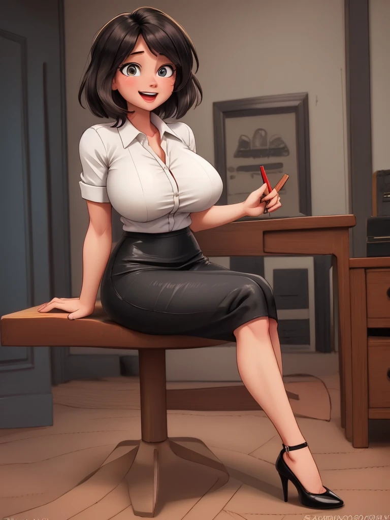 Young in innocent girl, masterpiece, (solo:1.1), sexy, office, heels, pencil skirt, brunette, black hair, perfect beautiful face, big candid smile, open mouth.