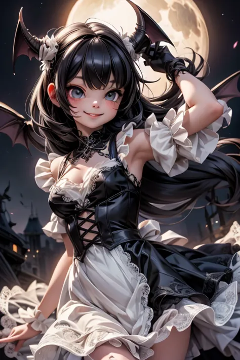 a cute demon girl smiling floating in the air, lace cloth gothic dress, at night, playful pose of a dancer, creepy, horror style