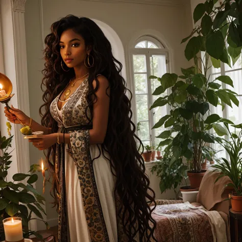 Long wavy hair, black woman, medium brown skin toned, painting roses, in a living room, full of plants, and incense.