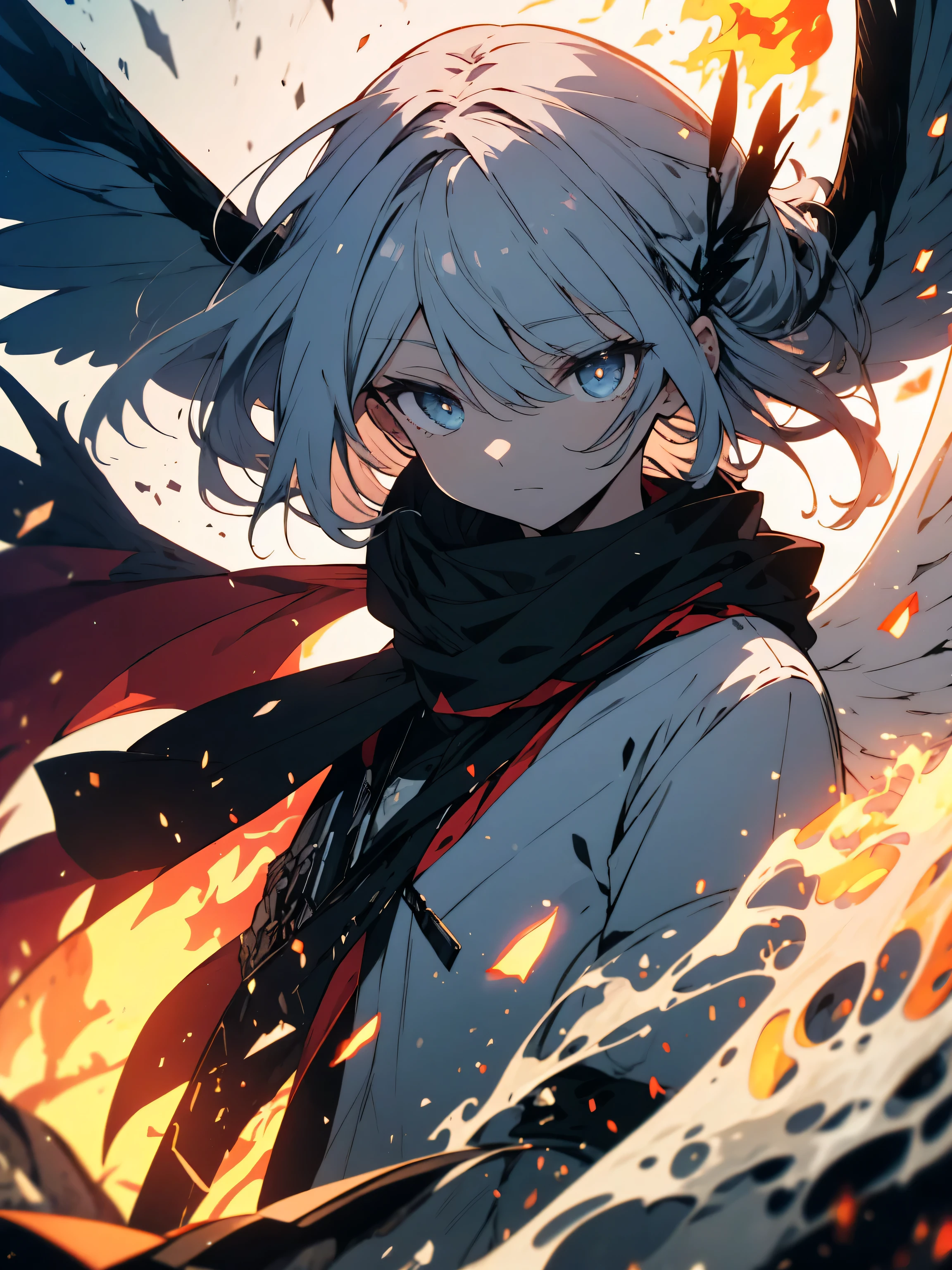 ((super detailed illustrations, 8K, masterpiece :1.2, sharp focus :1.2, Depth of the bounds written:1.2)),(Shining eyes、detailed beautiful face) beautiful anime, BREAK,beautiful swordsman, disorganized, Highly detailed face and skin texture, silver hair, jet black armor, Flame Armor, cloak wrapped in flames, sword wrapped in flames, wings of flame, Determination to overcome sadness, Traces of determination in gentle eyes , strong soul、(highest quality、masterpiece、High resolution、detailed), BREAK,