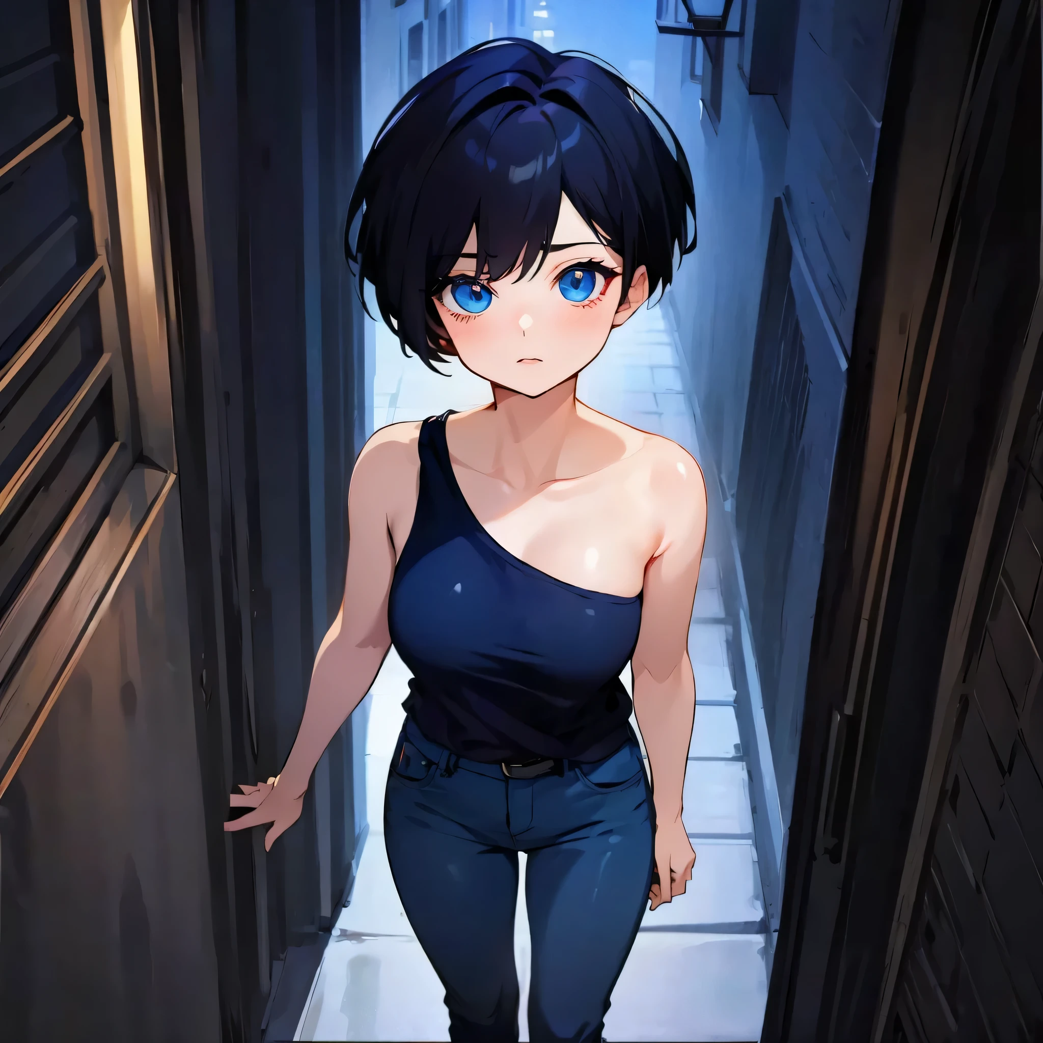 tomboy anime girl in a black one shoulder top and long jeans with belt standing in a hallway, collarbone, sexy shoulder, asymmetrical top, anime moe artstyle, anime style. 8k, in an anime style, made with anime painter studio, short navy blue haired girl, very short pixie cut, undercut hair style, blue eyes, painted in anime painter studio, seductive anime girl, in anime style. 4 k, anime style 4 k, with short hair, attractive anime girl