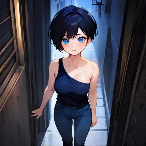 tomboy anime girl in a black one shoulder top and long jeans with belt standing in a hallway, collarbone, sexy shoulder, asymmet...