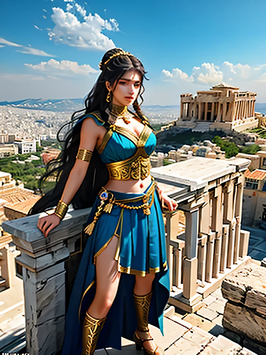  Generate an image of Kassandra standing triumphant atop the battlements of the Acropolis in Athens, her dual-wielded daggers raised in victory as she surveys the city below, her legendary status as a fierce warrior and seductive temptress cemented for all to see.