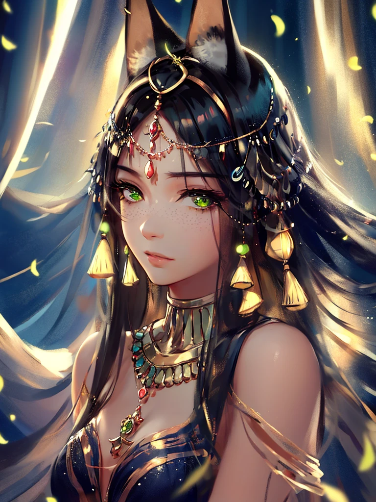 very good illustration, High detail, dynamic angle, beautiful detailing,2D, (Best quality, masterpiece, Beauty, tenderness), anime, Highly detailed face, very detailed eyes, very detailed background, perfect lighting, whole body, 1 girl, One, (Very detailed cat ears), (Very detailed ears behind the hair)? Goddess Bastet, Ancient Egypt \(Очень подробный Ancient Egyptian\), Very detailed clothes, green eyes, Finely detailed eyes, ears covered with hair, (very detailed background)