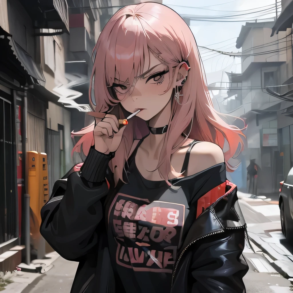 Anime girl with pink hair smoking a cigarette in a street - SeaArt AI